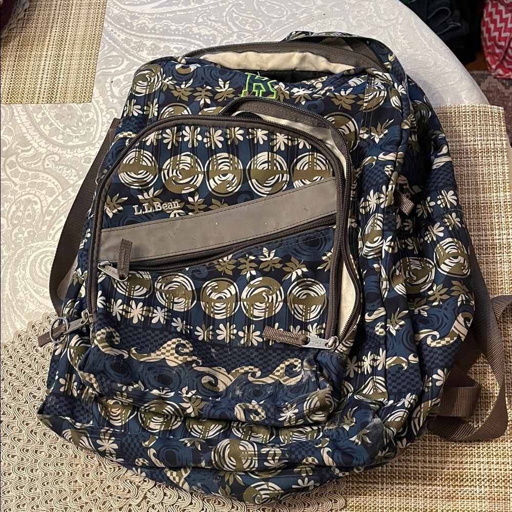 L.L. Bean Patterned Blue and Gray Backpack Monogrammed “R” in EUC